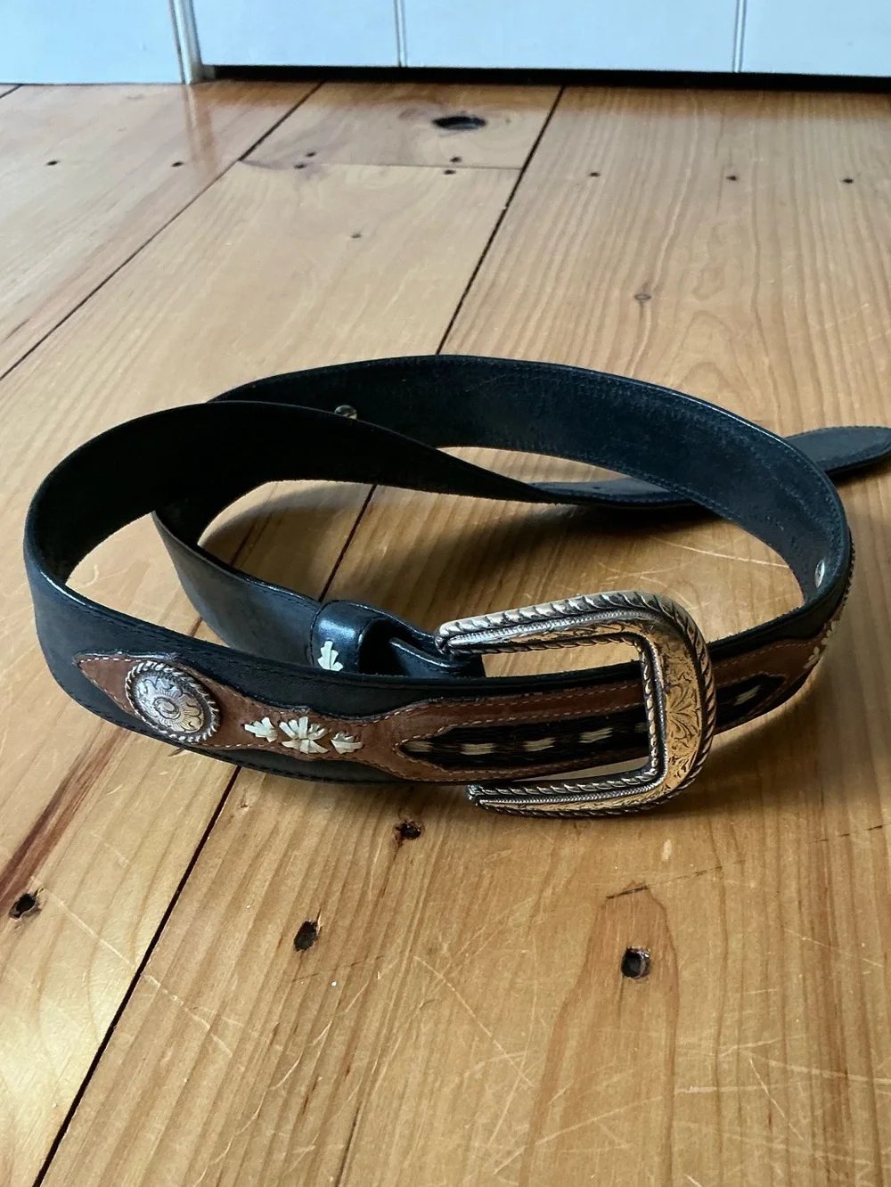 Vintage 1995 Justin Black Leather Pony Hair Belt 36